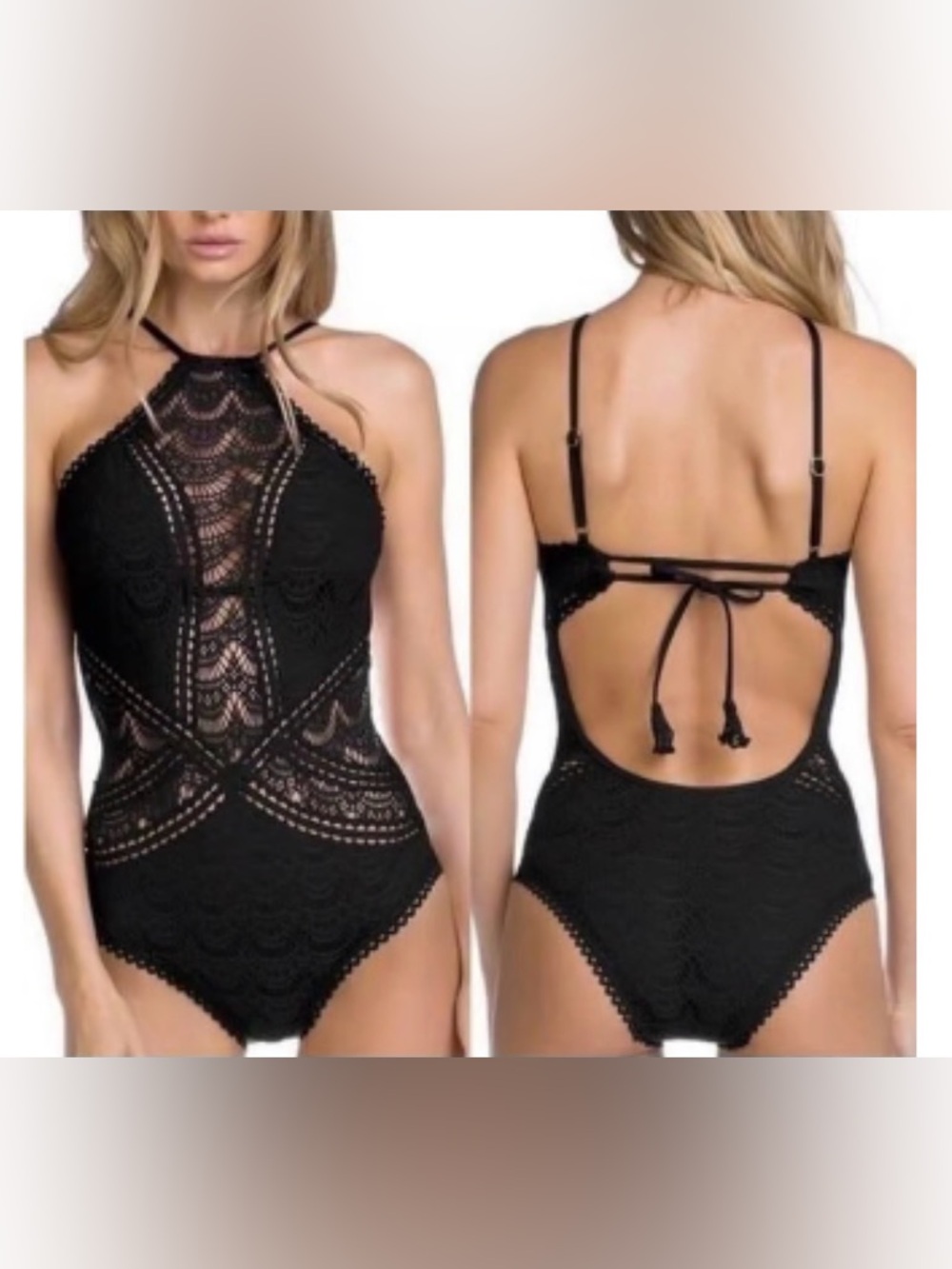 Becca Black Crochet Lace One-Piece Swimsuit